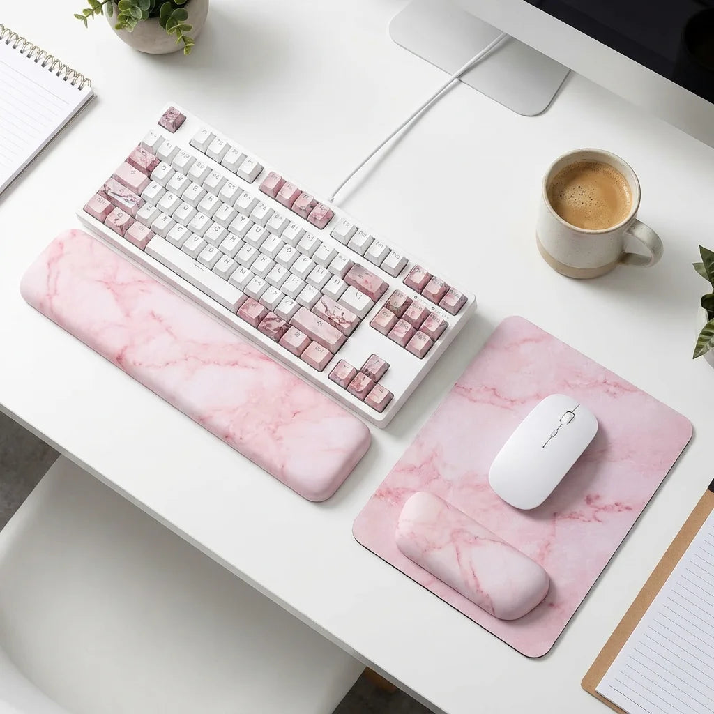 3-in-1 Ergonomic Pink Marble Keyboard Wrist Rest & Mouse Pad Set