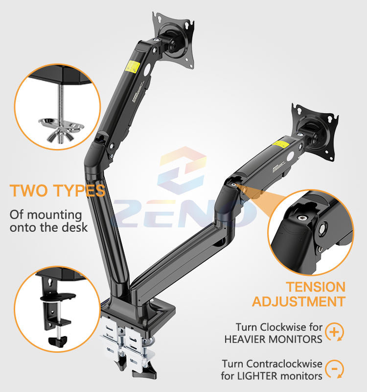Dual monitor arm showing 360-degree rotation with screen in portrait