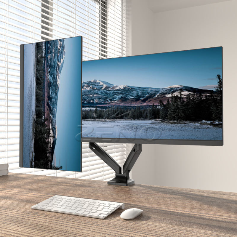 Dual monitor gas spring arm with two screens on modern desk setup