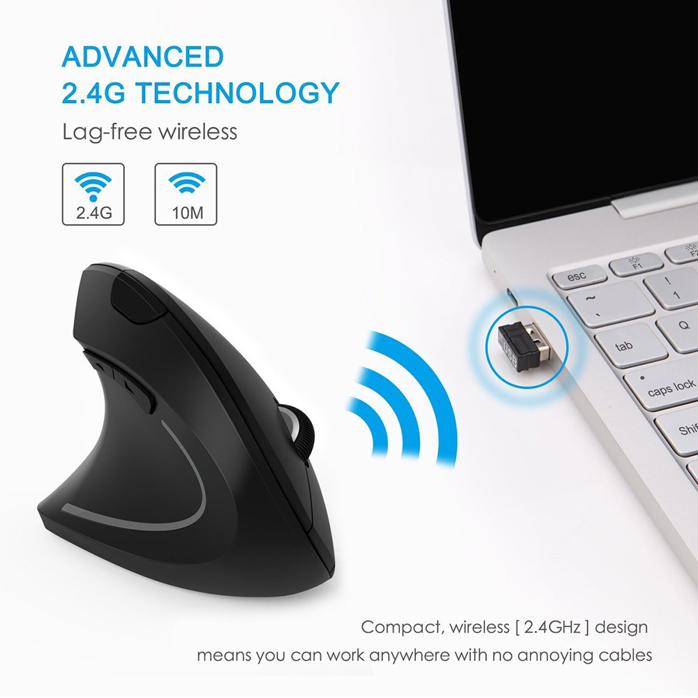 Hand holding ergonomic vertical mouse showing natural handshake grip