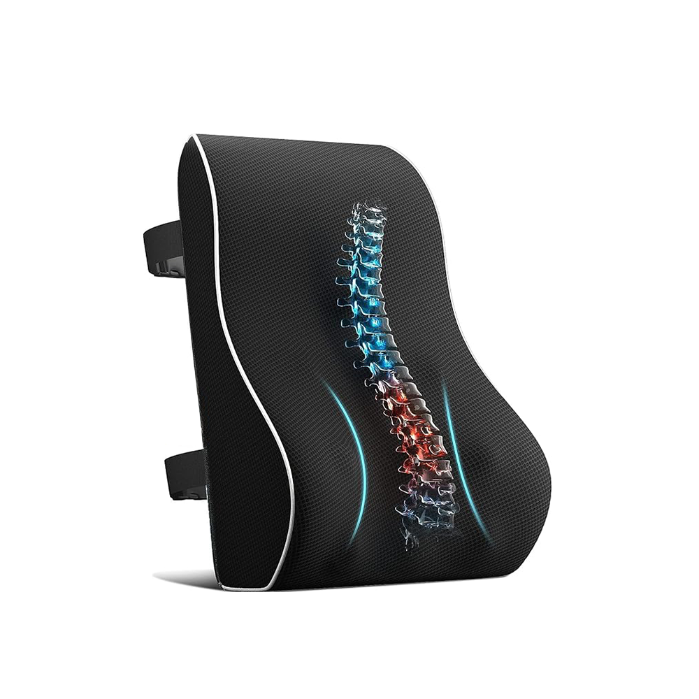 Memory foam lumbar support pillow on ergonomic office chair