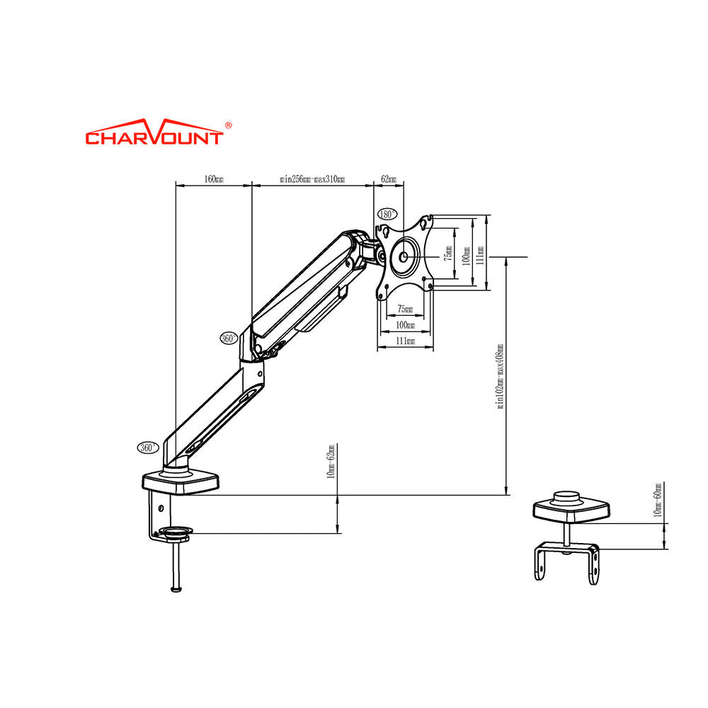 CHARMOUNT monitor arm 90-degree tilt for optimal viewing angle