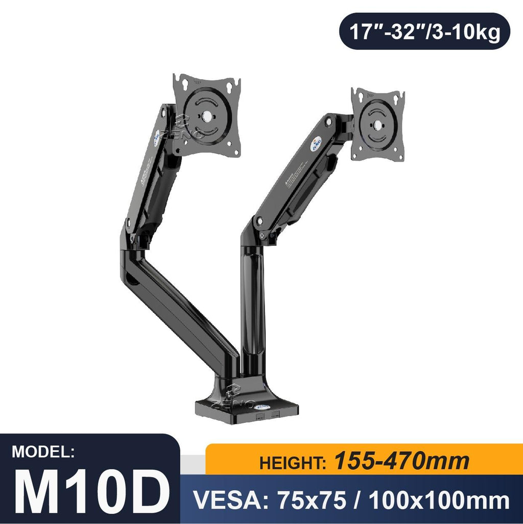 C-clamp mount base of dual monitor arm attached to desk edge